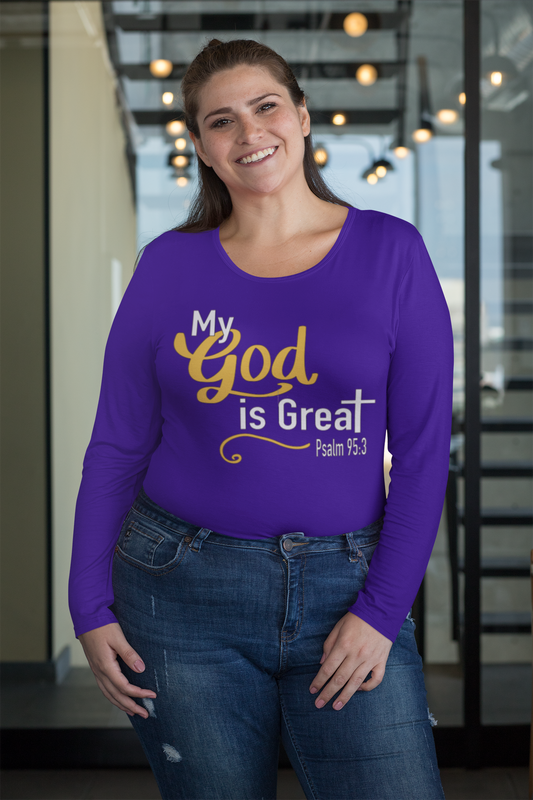 "For the Lord is a great God, and a great King above all gods." This tee displays a daily reminder of how Great our God is. *Unisex fit- see sizing chart * Long sleeve *Ultra-Cotton